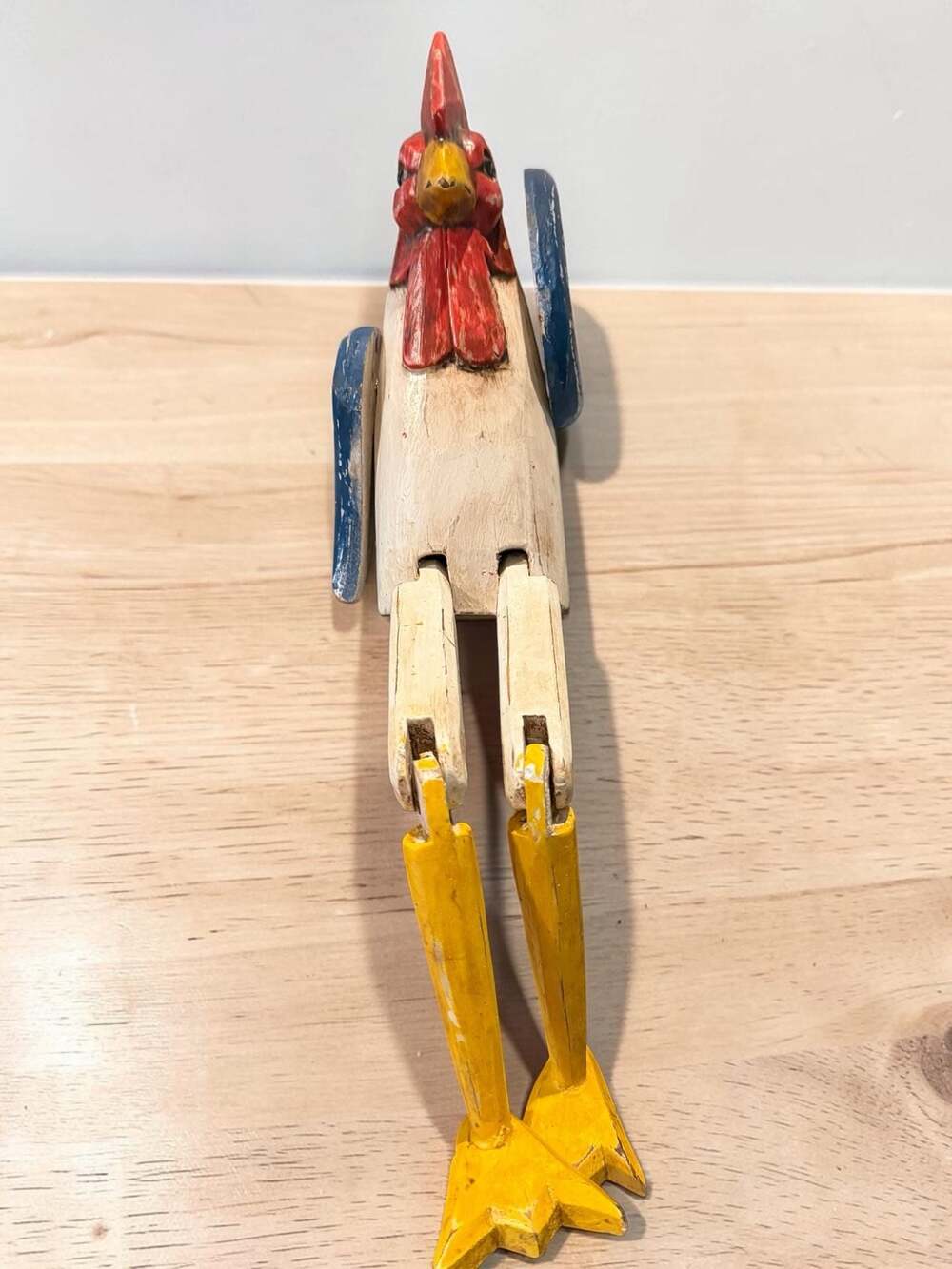 Vintage Hand Carved Articulated Wooden Rooster Shelf Sitter Puppet